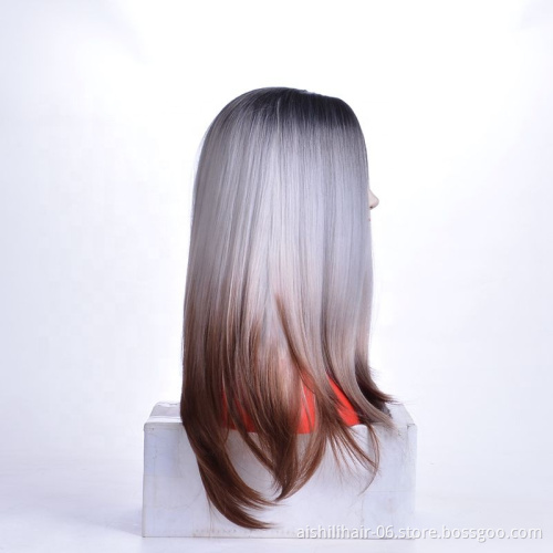 Wholesale Natural Long Silky Straight Silver Grey Synthetic Lace Front Wig For White Women